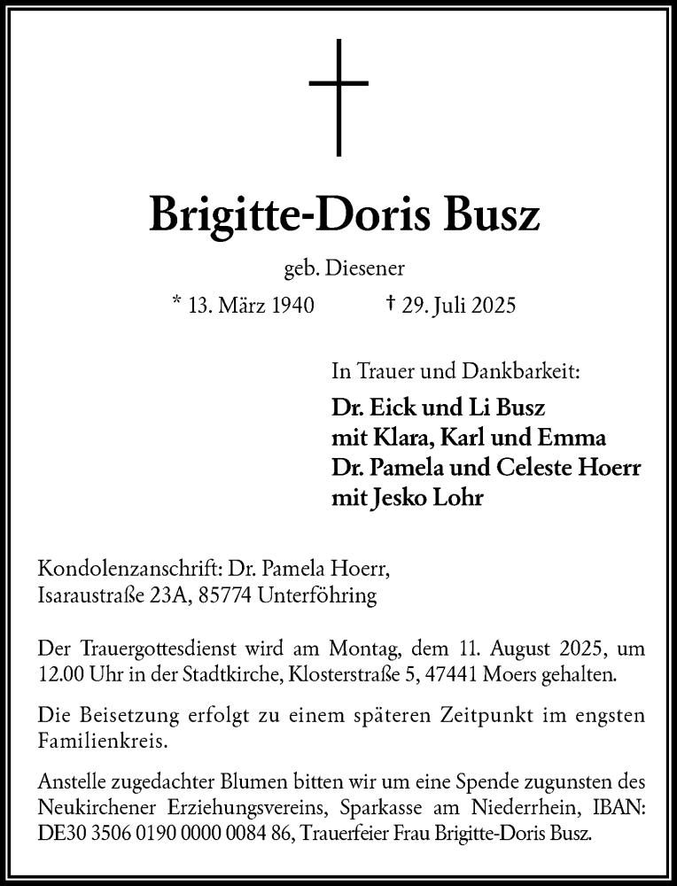  Traueranzeige für Brigitte-Doris Busz vom 09.08.2025 aus Rheinische Post
