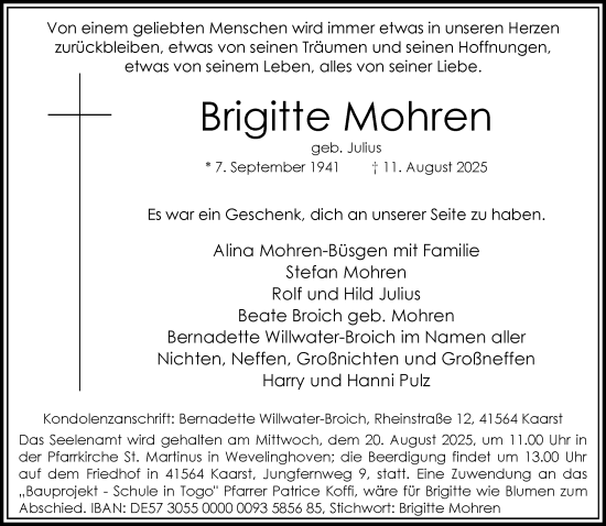 Traueranzeige von Brigitte Mohren von Rheinische Post