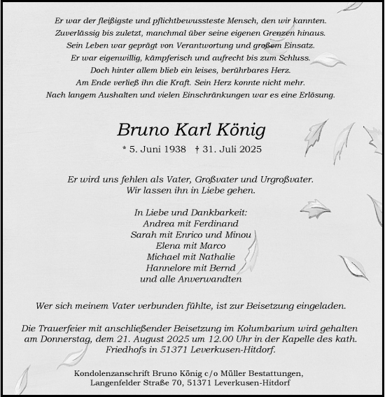 Traueranzeige von Bruno Karl König von Rheinische Post