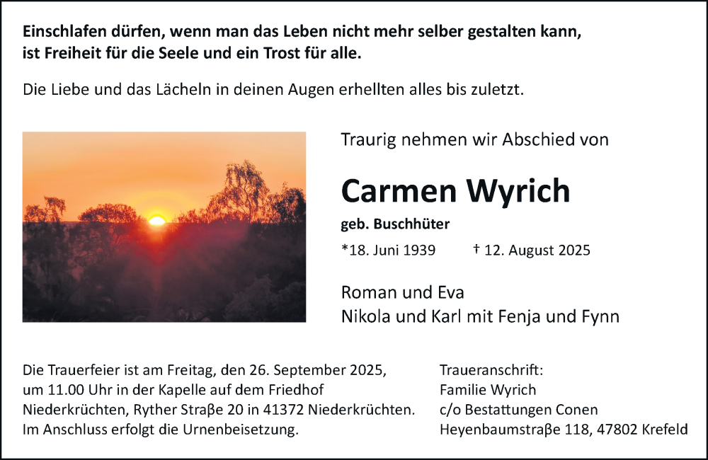  Traueranzeige für Carmen Wyrich vom 30.08.2025 aus Rheinische Post