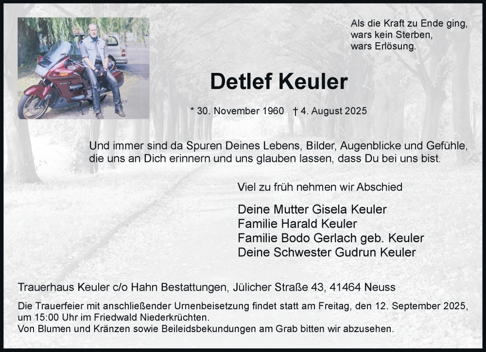  Traueranzeige für Detlef Keuler vom 30.08.2025 aus Rheinische Post
