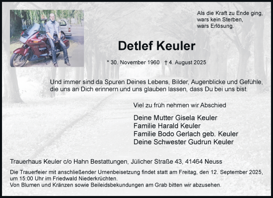 Traueranzeige von Detlef Keuler von Rheinische Post