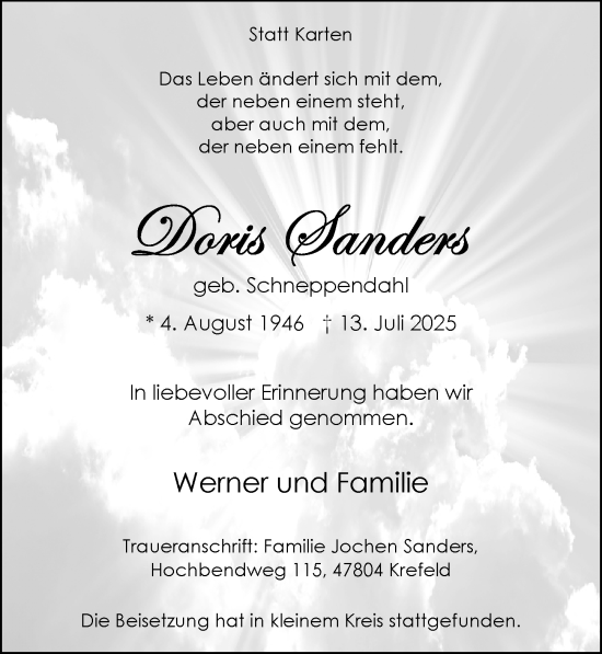 Traueranzeige von Doris Sanders von Rheinische Post