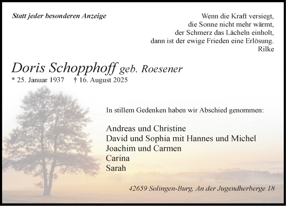  Traueranzeige für Doris Schopphoff vom 30.08.2025 aus Rheinische Post