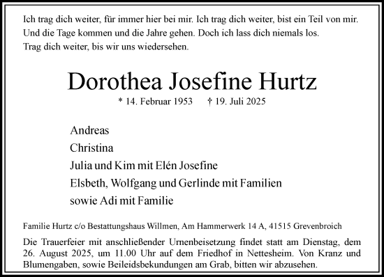 Traueranzeige von Dorothea Josefine Hurtz von Rheinische Post