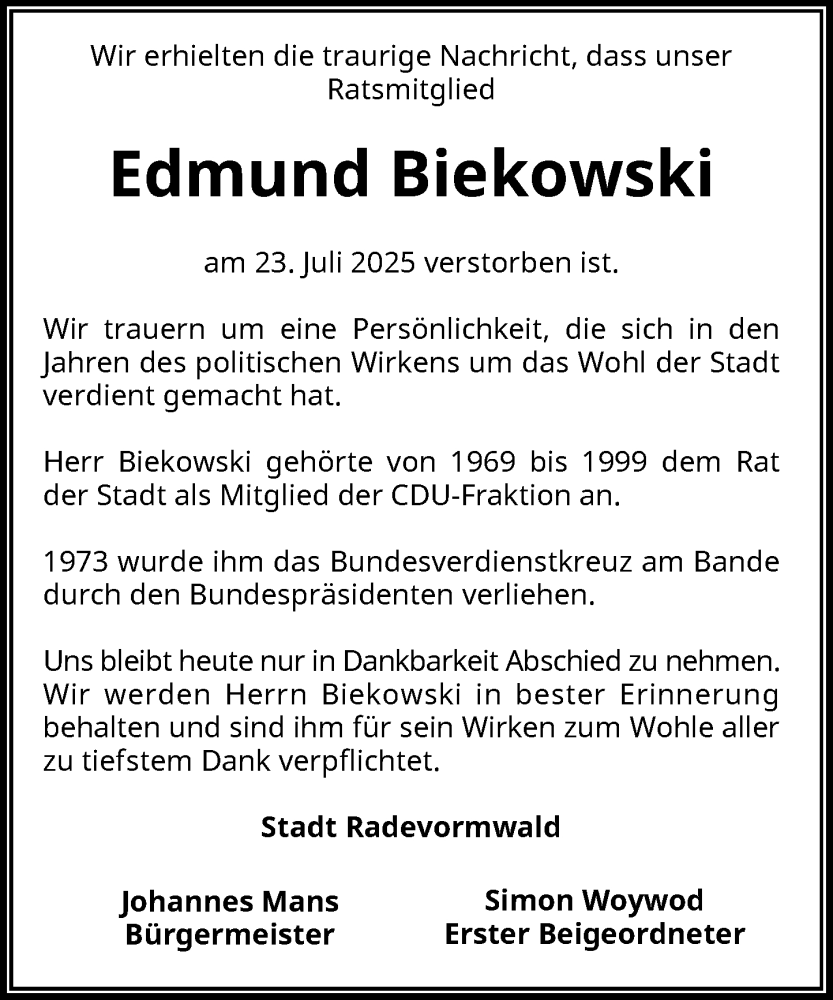  Traueranzeige für Edmund Biekowski vom 02.08.2025 aus Rheinische Post