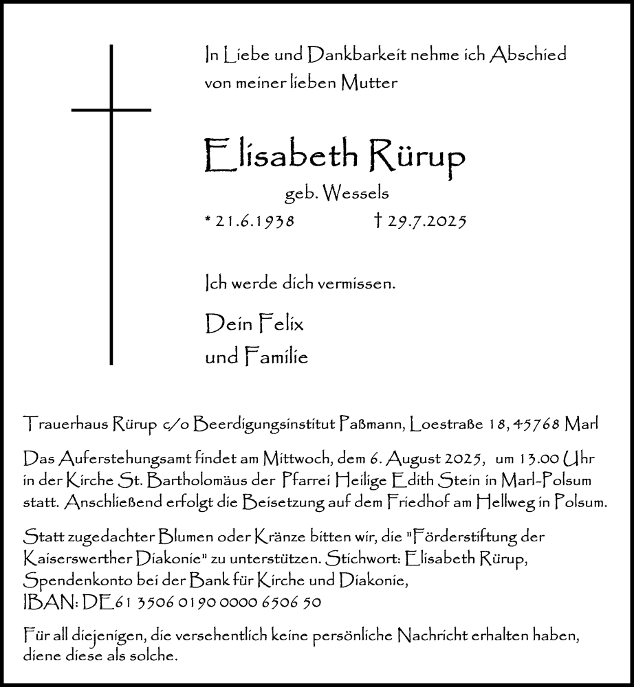  Traueranzeige für Elisabeth Rürup vom 02.08.2025 aus Rheinische Post