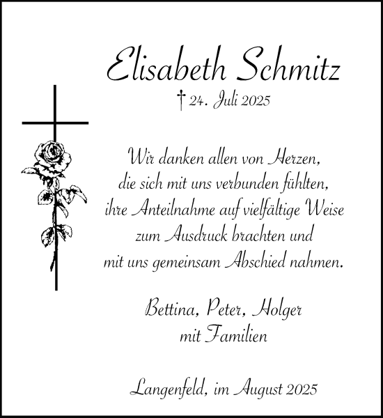 Traueranzeige von Elisabeth Schmitz von Rheinische Post