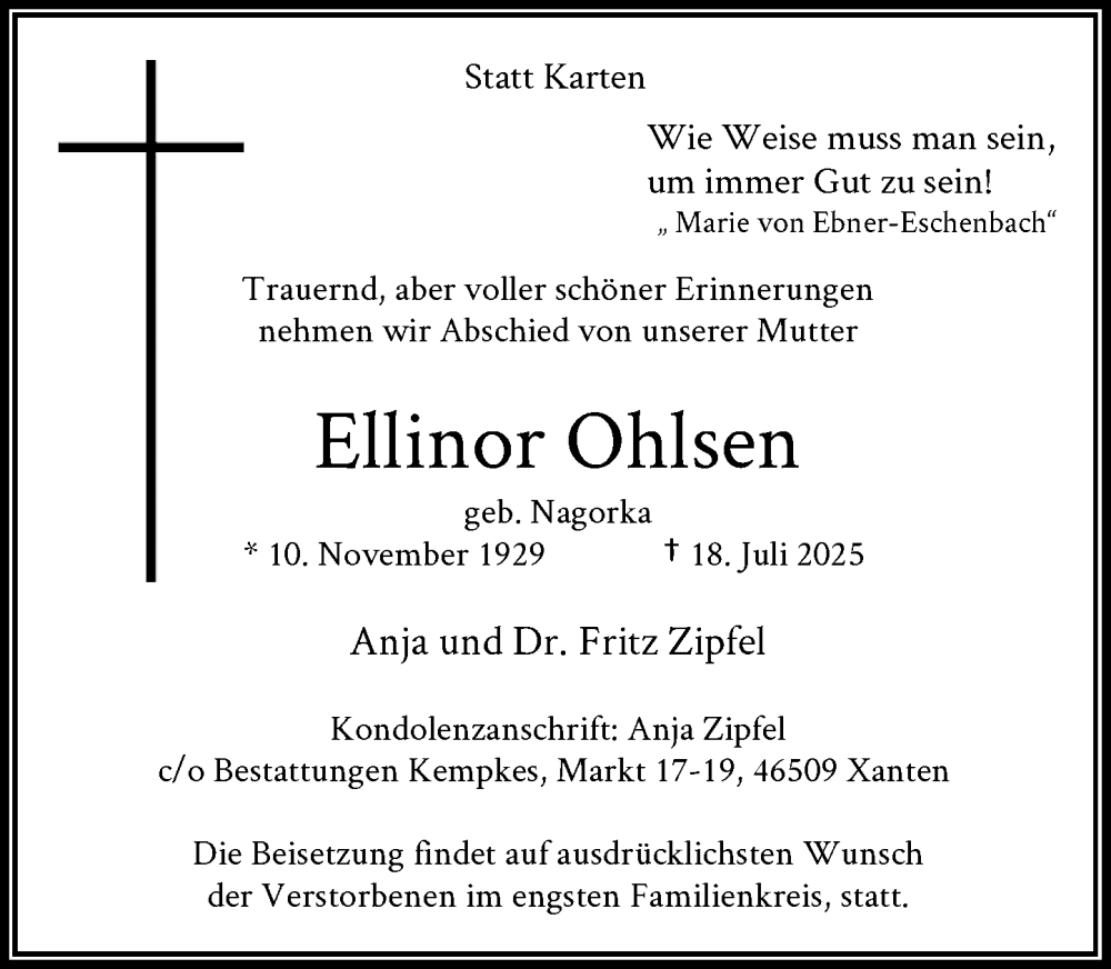  Traueranzeige für Ellinor Ohlsen vom 11.08.2025 aus Rheinische Post