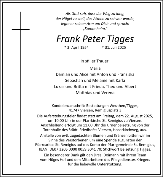Traueranzeige von Frank Peter Tigges von Rheinische Post