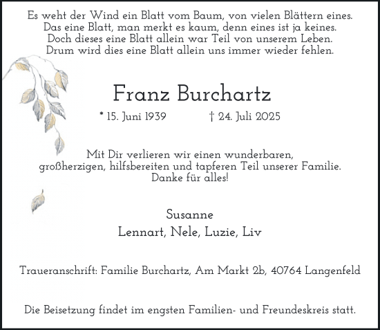 Traueranzeige von Franz Burchartz von Rheinische Post