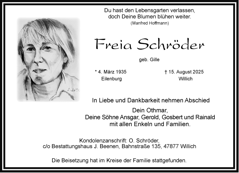  Traueranzeige für Freia Schröder vom 23.08.2025 aus Rheinische Post