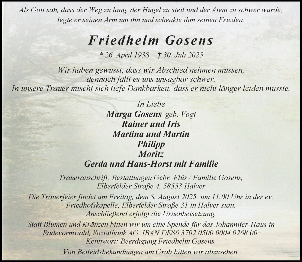  Traueranzeige für Friedhelm Gosens vom 02.08.2025 aus Rheinische Post