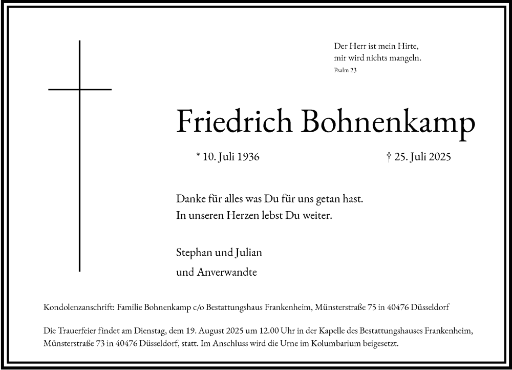  Traueranzeige für Friedrich Bohnenkamp vom 09.08.2025 aus Rheinische Post