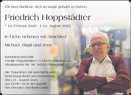 Traueranzeige von Friedrich Hoppstädter von Rheinische Post