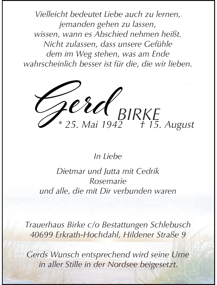  Traueranzeige für Gerd Birke vom 30.08.2025 aus Rheinische Post