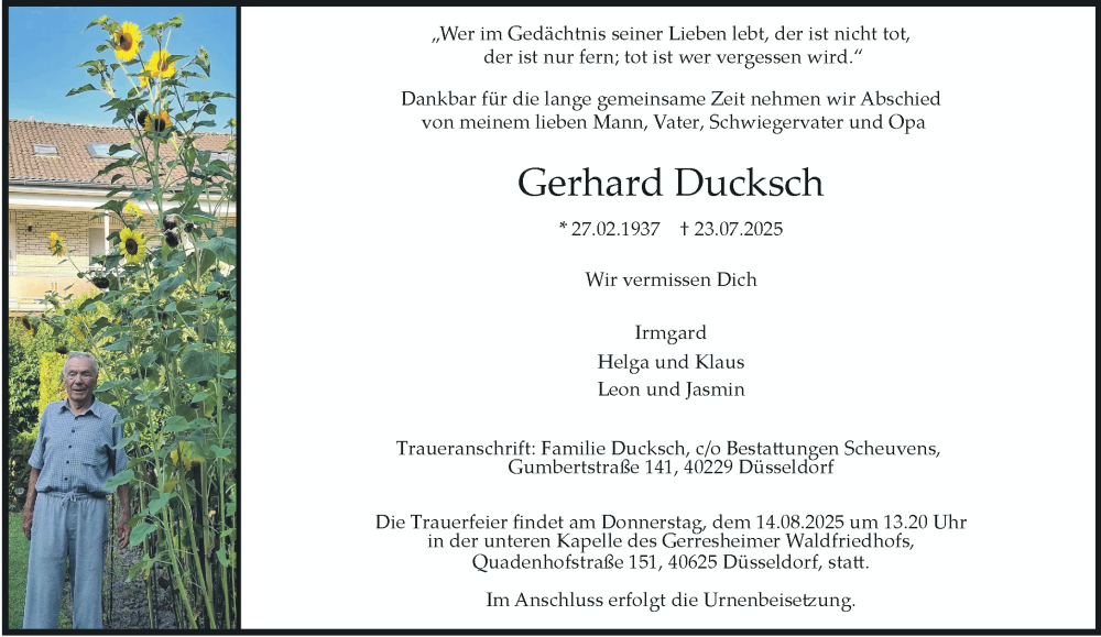  Traueranzeige für Gerhard Ducksch vom 09.08.2025 aus Rheinische Post