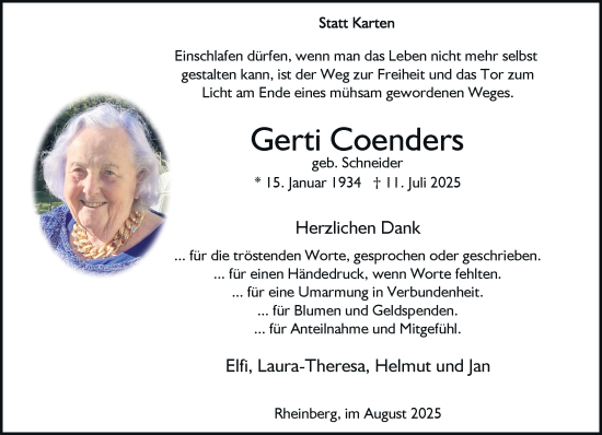 Traueranzeige von Gerti Coenders von Rheinische Post