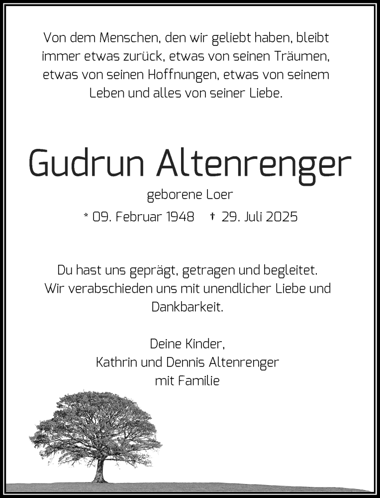  Traueranzeige für Gudrun Altenrenger vom 09.08.2025 aus Rheinische Post