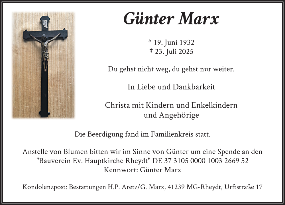  Traueranzeige für Günter Marx vom 02.08.2025 aus Rheinische Post