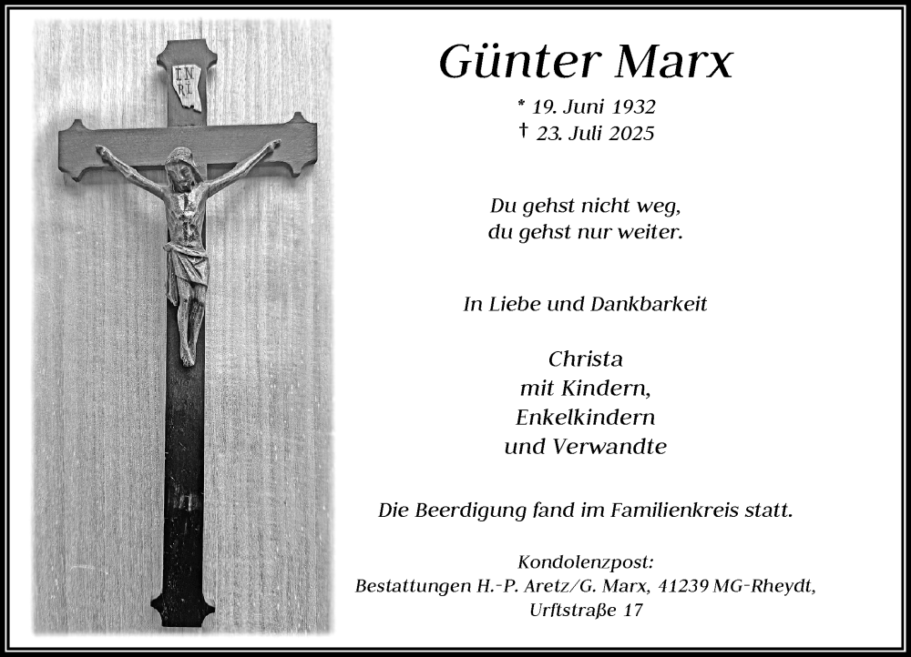  Traueranzeige für Günter Marx vom 02.08.2025 aus Rheinische Post