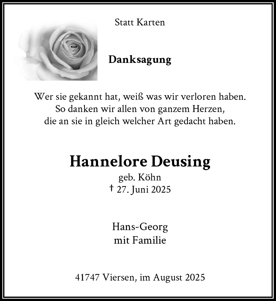  Traueranzeige für Hannelore Deusing vom 30.08.2025 aus Rheinische Post