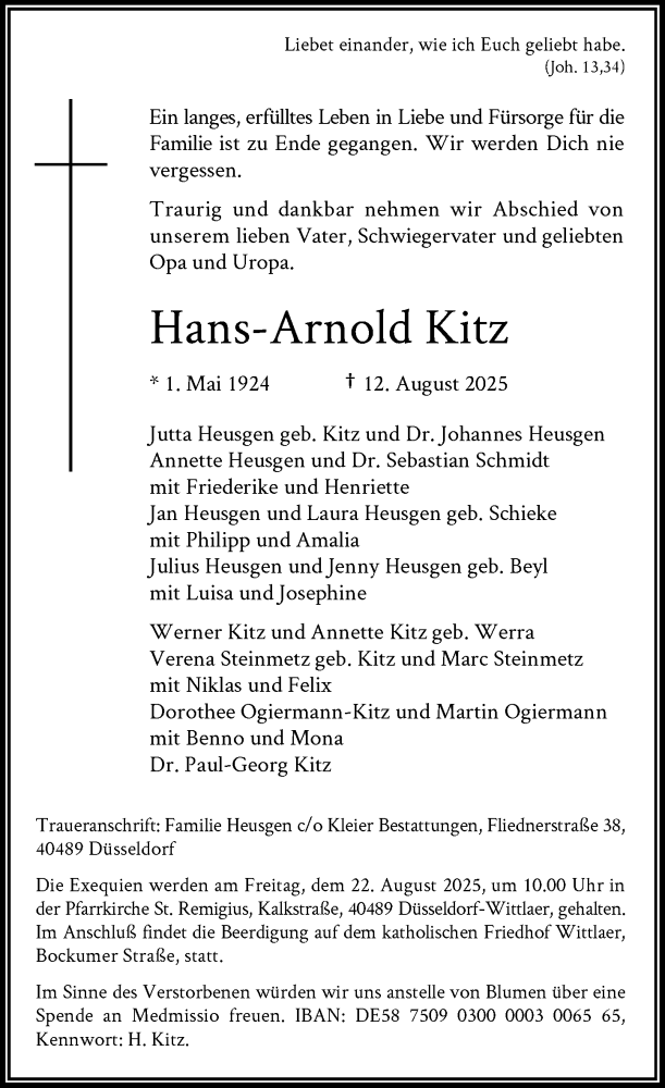  Traueranzeige für Hans-Arnold Kitz vom 16.08.2025 aus Rheinische Post