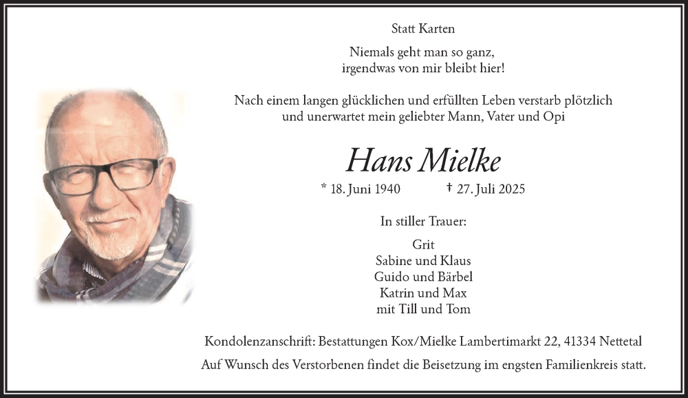  Traueranzeige für Hans Mielke vom 02.08.2025 aus Rheinische Post