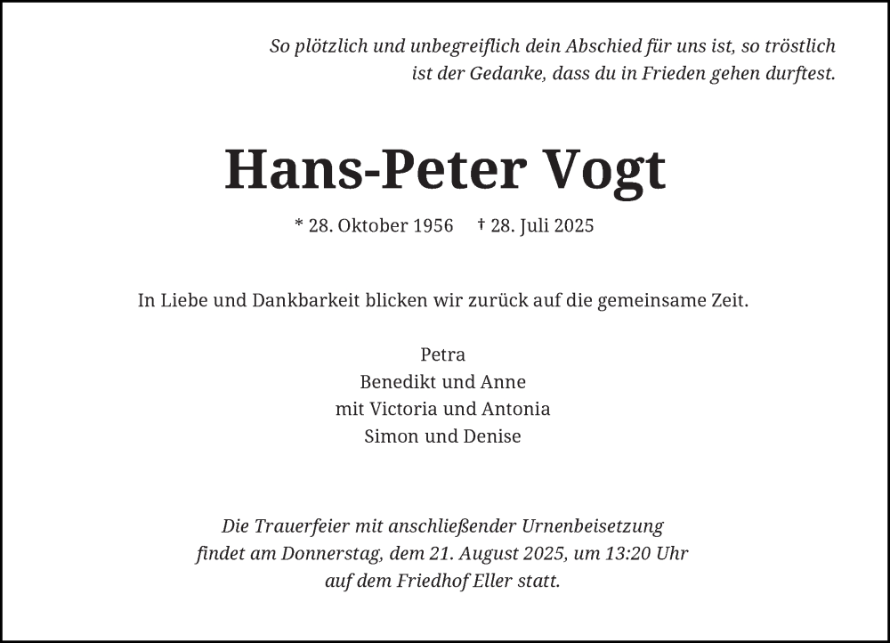  Traueranzeige für Hans-Peter Vogt vom 02.08.2025 aus Rheinische Post