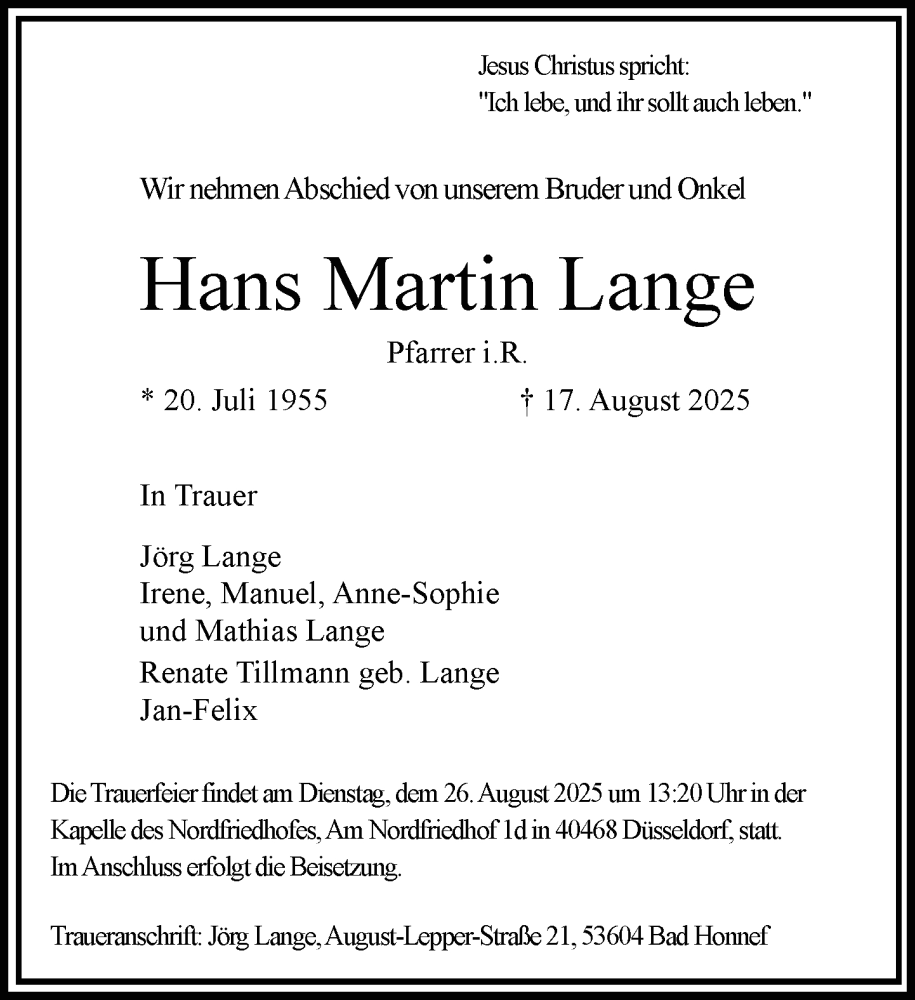  Traueranzeige für Hans Martin Lange vom 23.08.2025 aus Rheinische Post