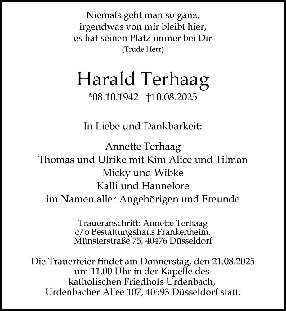  Traueranzeige für Harald Terhaag vom 16.08.2025 aus Rheinische Post