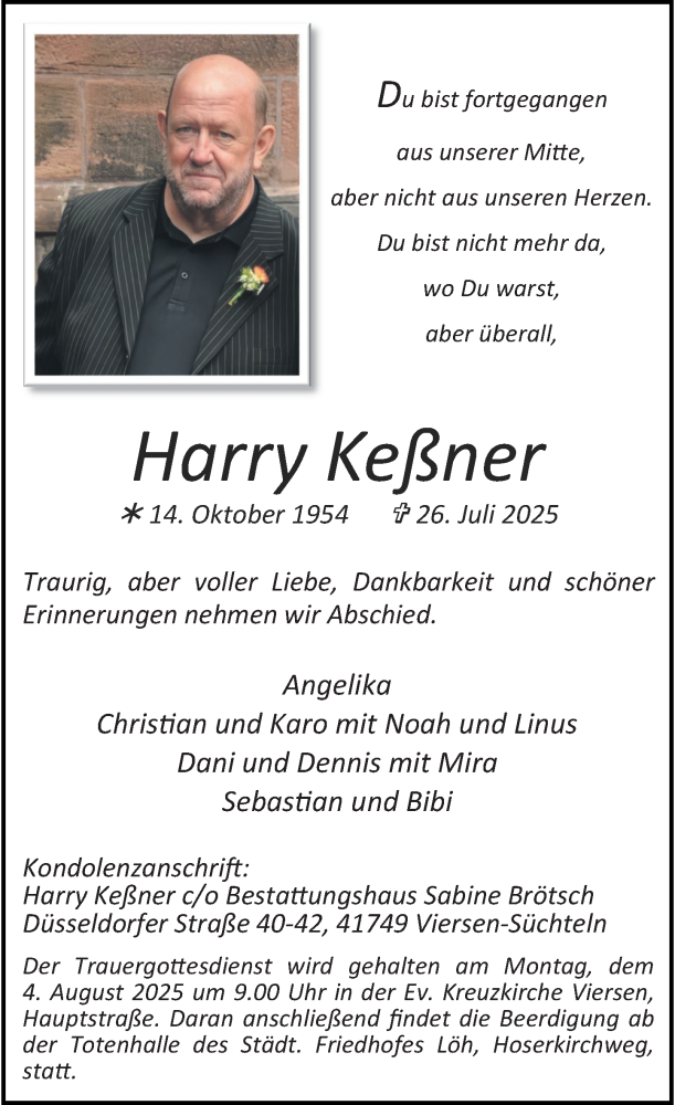  Traueranzeige für Harry Kessner vom 02.08.2025 aus Rheinische Post