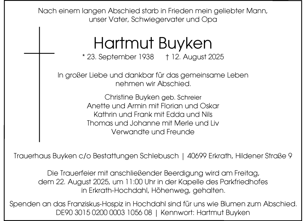  Traueranzeige für Hartmut Buyken vom 16.08.2025 aus Rheinische Post