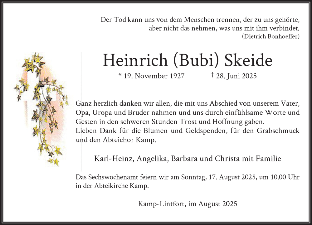  Traueranzeige für Heinrich Skeide vom 09.08.2025 aus Rheinische Post