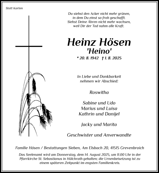 Traueranzeige von Heinz Hösen von Rheinische Post