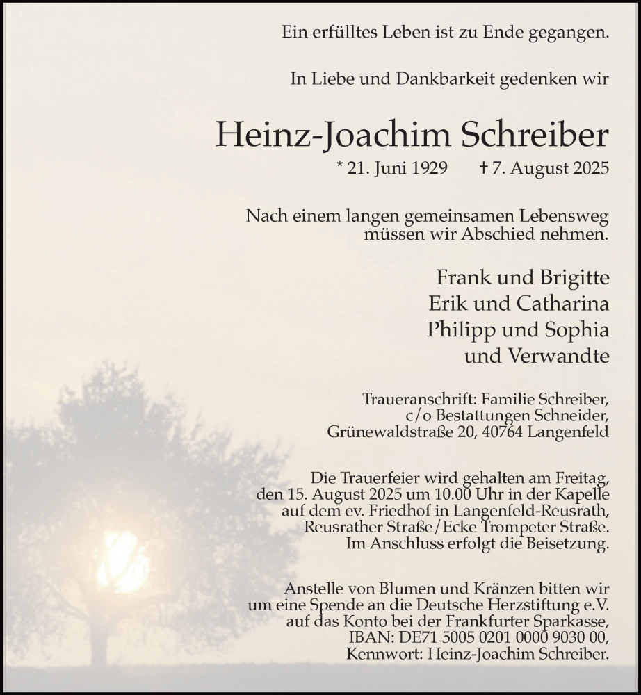  Traueranzeige für Heinz-Joachim Schreiber vom 09.08.2025 aus Rheinische Post