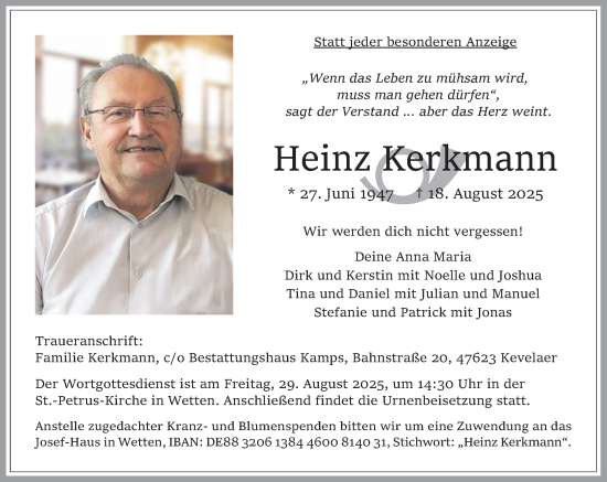 Traueranzeige von Heinz Kerkmann von Rheinische Post