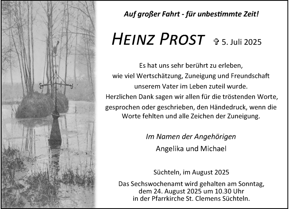  Traueranzeige für Heinz Prost vom 09.08.2025 aus Rheinische Post