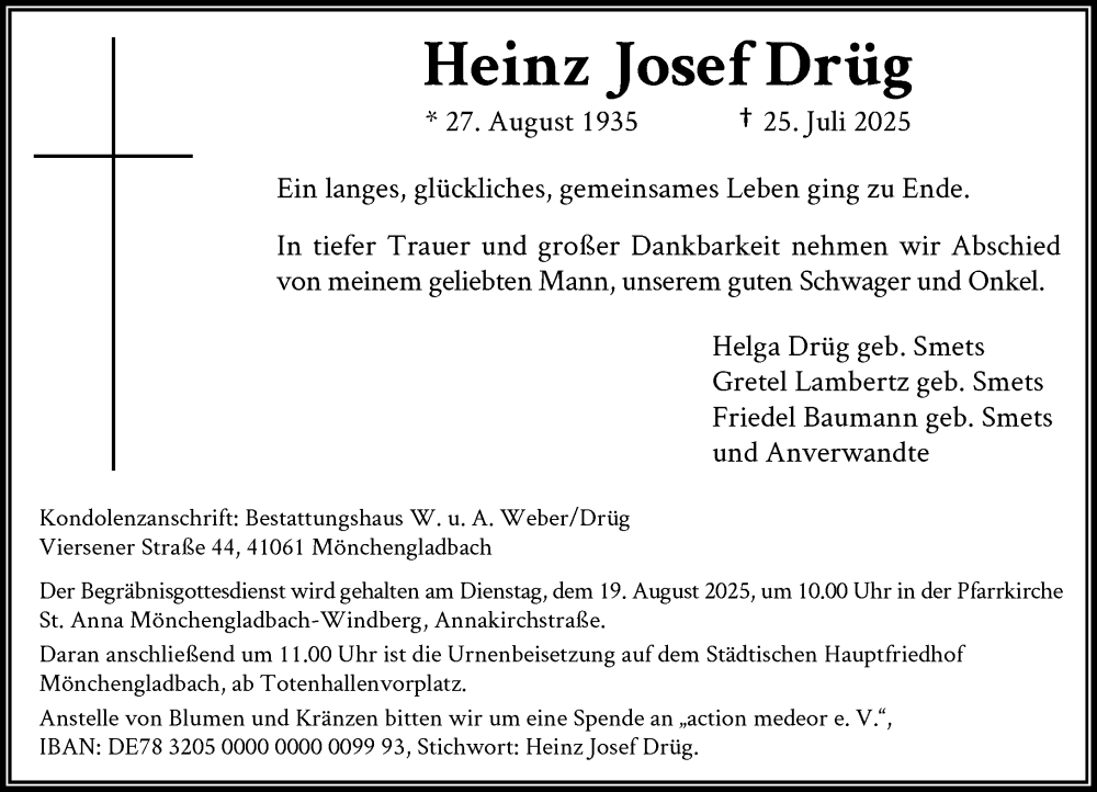  Traueranzeige für Heinz Josef Drüg vom 09.08.2025 aus Rheinische Post