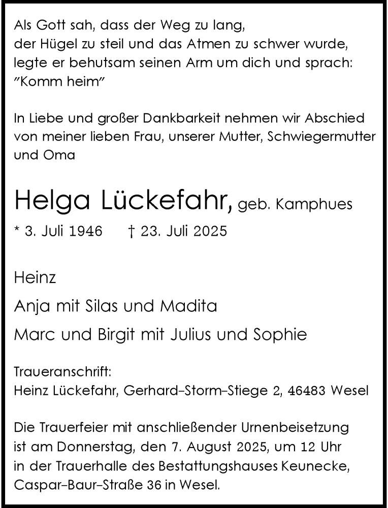 Traueranzeige für Helga Lückefahr vom 02.08.2025 aus Rheinische Post