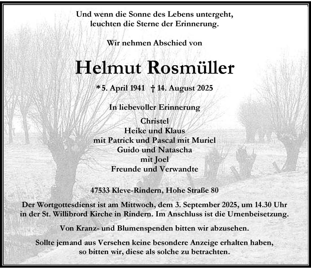  Traueranzeige für Helmut Rosmüller vom 23.08.2025 aus Rheinische Post