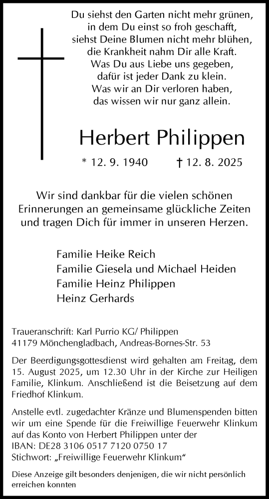  Traueranzeige für Herbert Philippen vom 14.08.2025 aus Rheinische Post