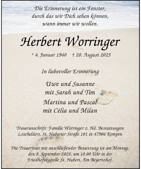 Traueranzeige von Herbert Worringer von Rheinische Post