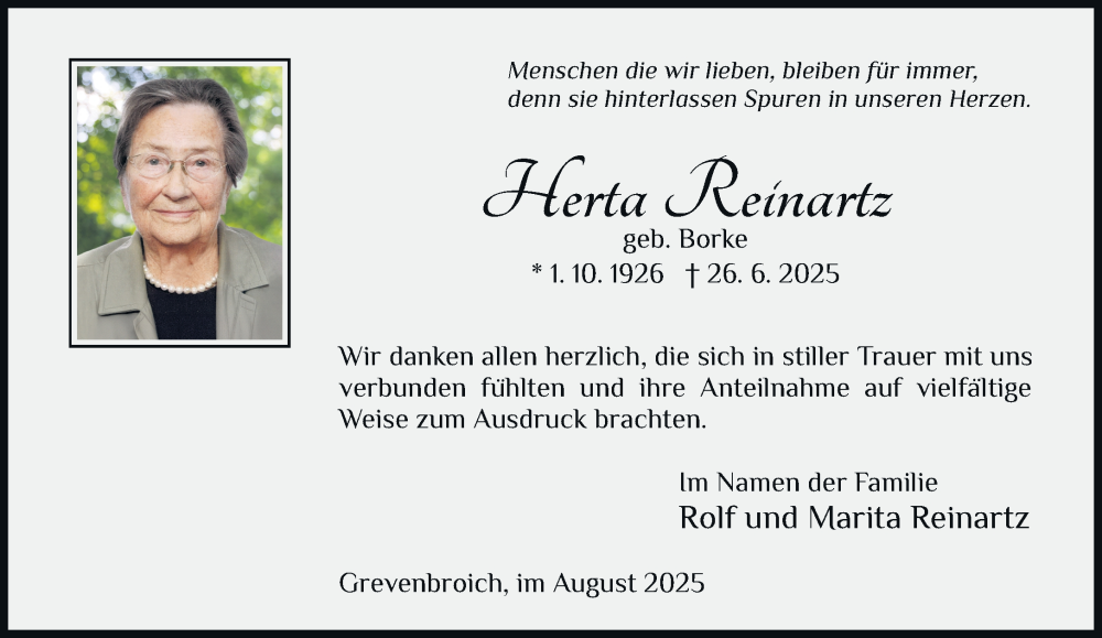  Traueranzeige für Herta Reinartz vom 09.08.2025 aus Rheinische Post