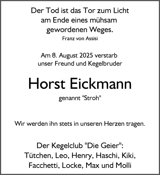 Traueranzeige von Horst Eickmann von Rheinische Post