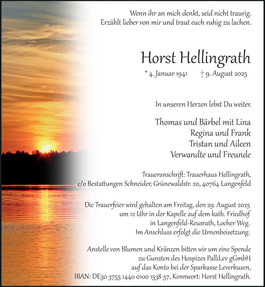  Traueranzeige für Horst Hellingrath vom 16.08.2025 aus Rheinische Post