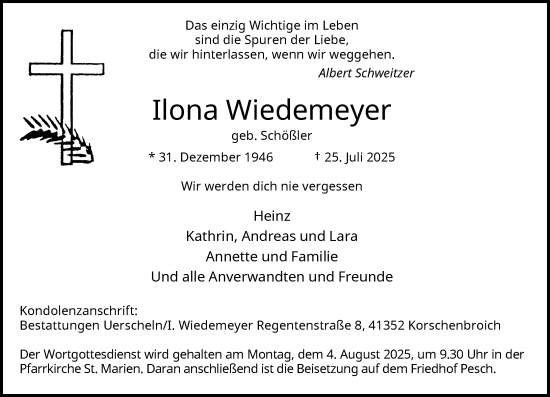 Traueranzeige von Ilona Wiedemeyer von Rheinische Post
