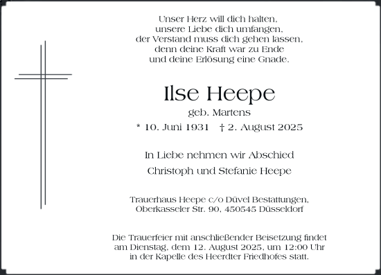 Traueranzeige von Ilse Heepe von Rheinische Post