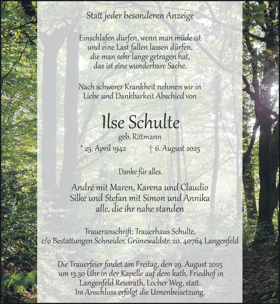  Traueranzeige für Ilse Schulte vom 23.08.2025 aus Rheinische Post