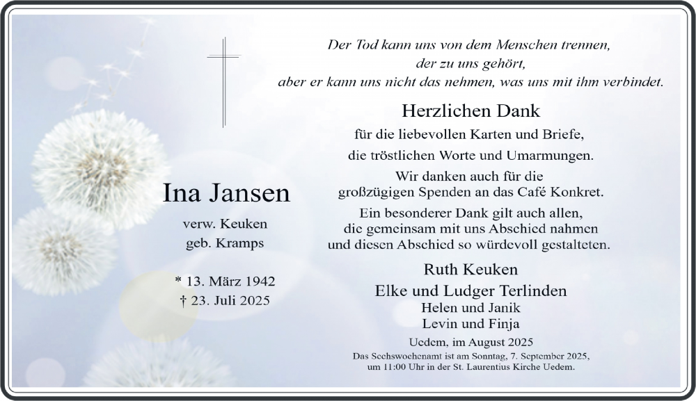  Traueranzeige für Ina Jansen vom 30.08.2025 aus Rheinische Post